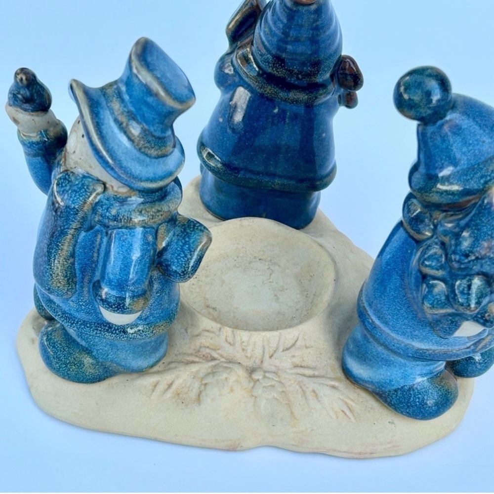 Vintage Christmas Decor Accents Blue Stoneware Snowman Candle Holder Festive Art - Picture 9 of 15